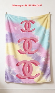 Chanel Luxury Flannel Sofa Throw - Pastel Tie-Dye & Stacked Pink 3D CC Logo Wall Decor Blanket IMG_7291